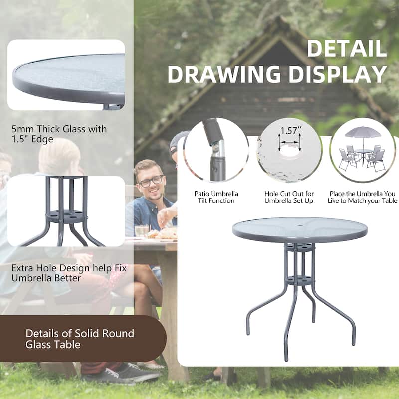 Futzca Folding Patio Dining Set, Garden Patio Furniture Set with Umbrella, Glass Table and 4 Folding Chairs