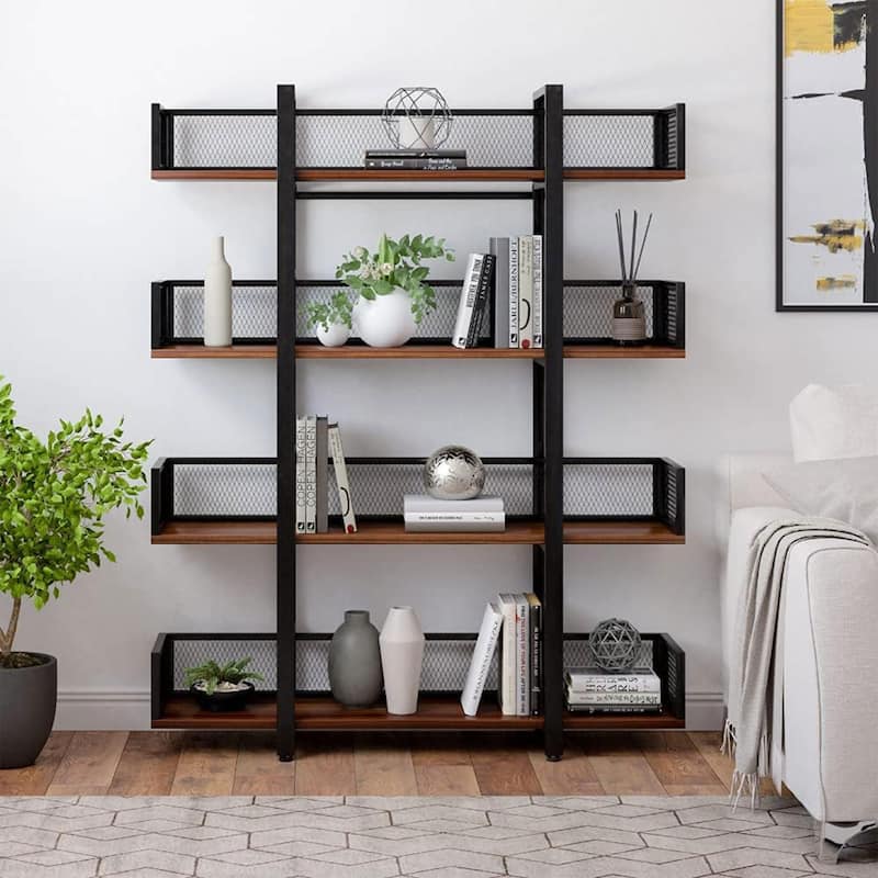 Sturdis 4 Tier Solid Wood Metal Industrial Bookshelf with Mesh Barriers, Black - 60