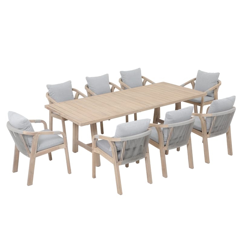 Outdoor Rope Dining Chair and Wood Dining Table Set of 9