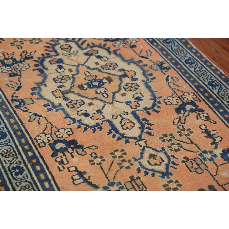 Orange Medallion Hamedan Persian Runner Rug Handmade Wool Carpet - 3'2"x 9'4"
