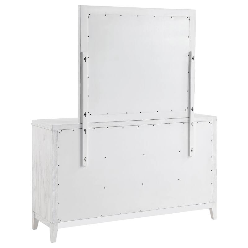 Leva Wide Dresser with Mirror, 6 Drawers, Distressed White Wood Frame