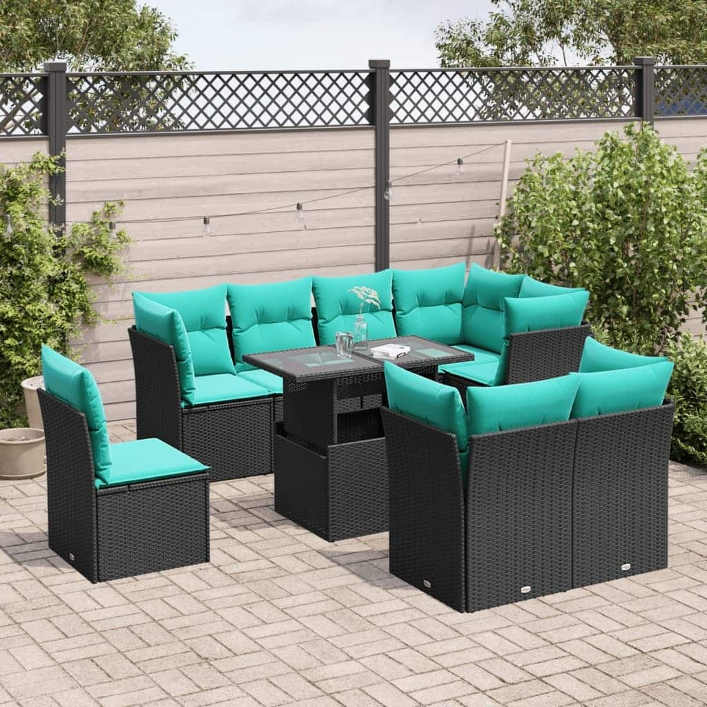 vidaXL Patio Sofa Set with Cushions Modular Outdoor Seating 9 Piece Poly Rattan - 24.41 x 24.41 x 27.17