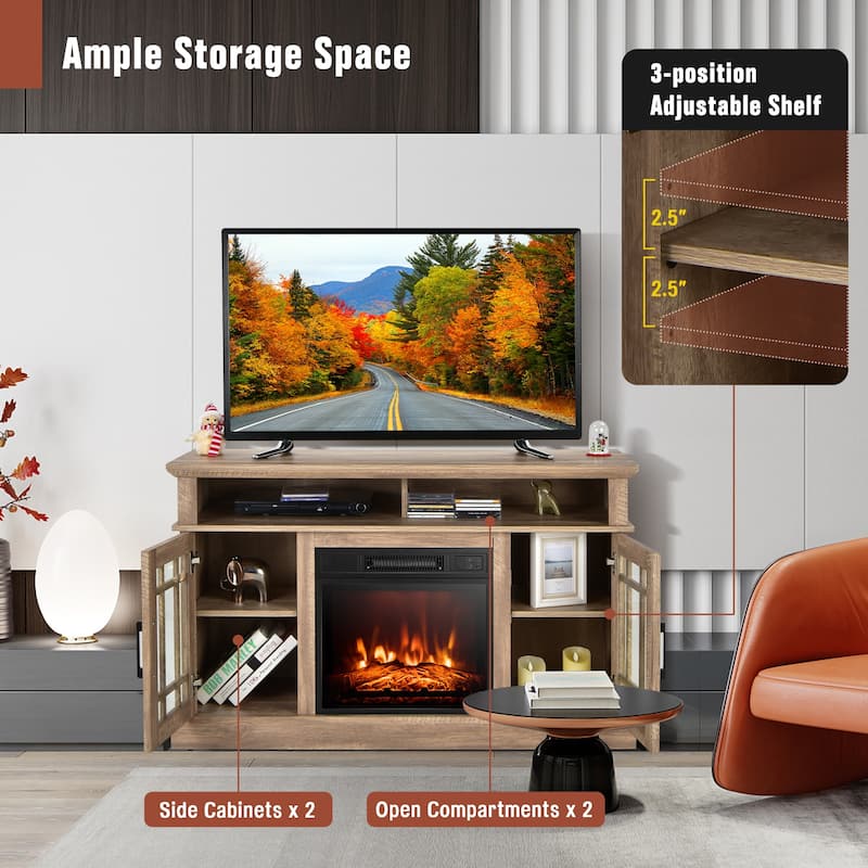 48 Inch Electric Fireplace TV Stand with 2 Side Cabinets and 2 Open Shelves - 48" x 16" x 30" (L x W x H)
