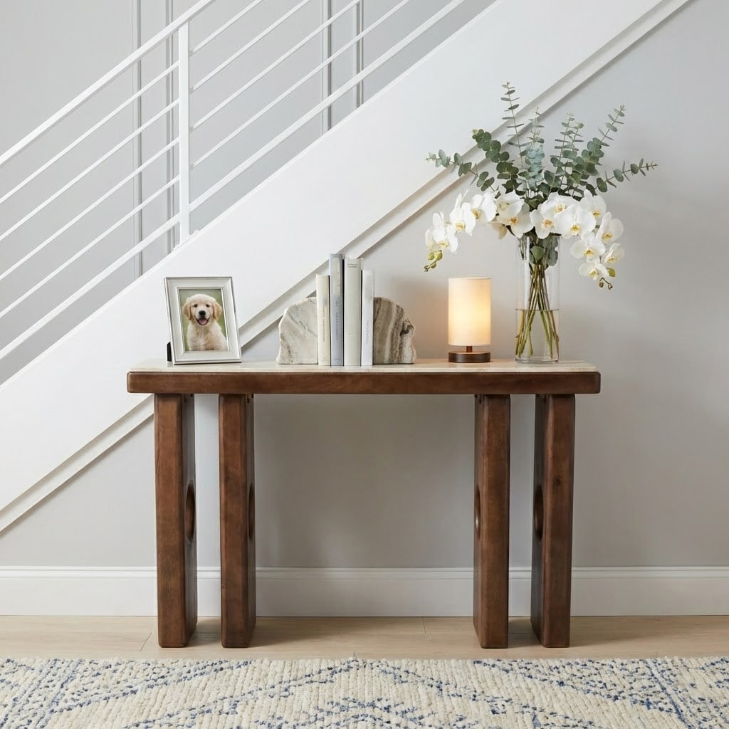 Modern Edge Travertine Console Table with Wood Base - 47", Tan & Brown - 46.25"