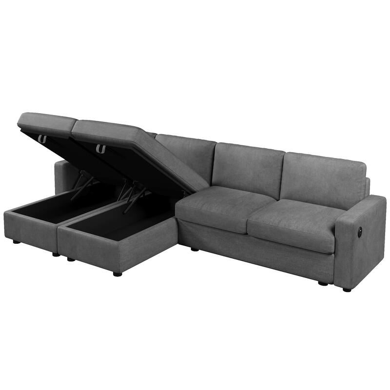 103.9" Sectional Sofa Convertible Sectional Sofa, U-shaped Sofa with Two Storage Chaise Lounges and Four USB Ports