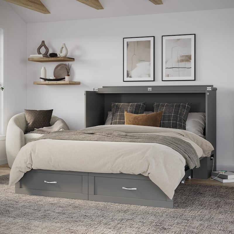 Raleigh Queen Murphy Bed Chest with 6" Mattress, Storage Drawer & Built-In Charger in Grey