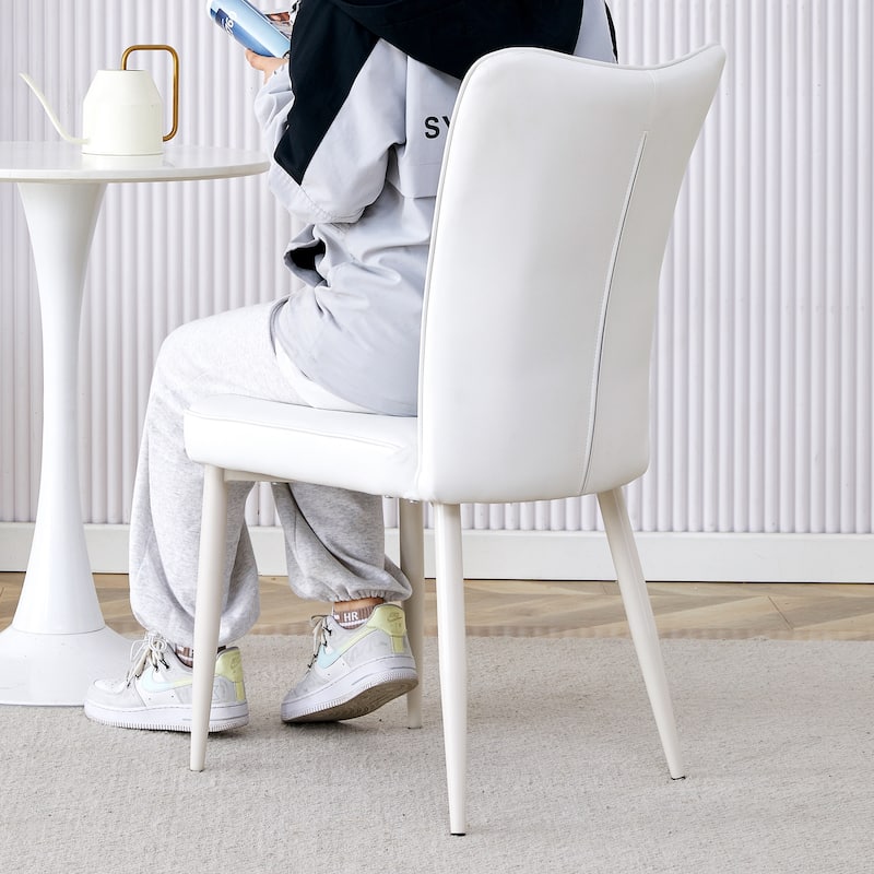 ( Set of 4 )Modern minimalist Dining Chair,White PU Leather Curved back And seat Cushion,White Metal Chair Legs