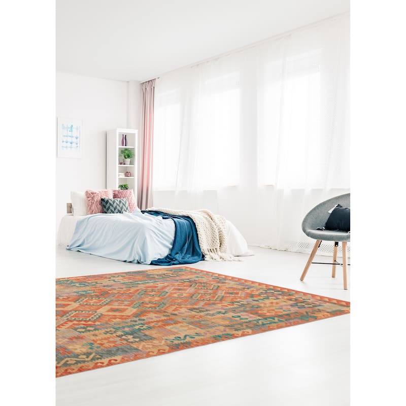 ECARPETGALLERY Flat-Weave Bold and Colorful Copper Wool Kilim - 6'7 x 9'10