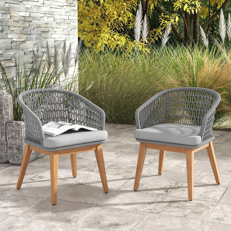 Outdoor Woven Rope Armchairs with Cushions, Set of 2 - Grey