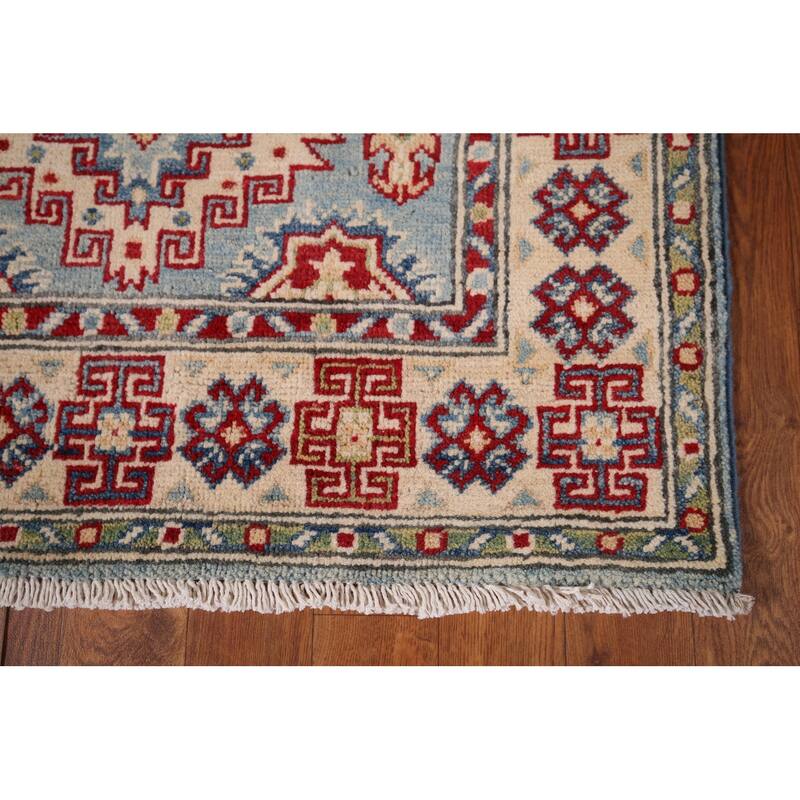 Light Blue Kazak Runner Rug Handmade Geometric Wool Carpet - 2'9" x 16'2"