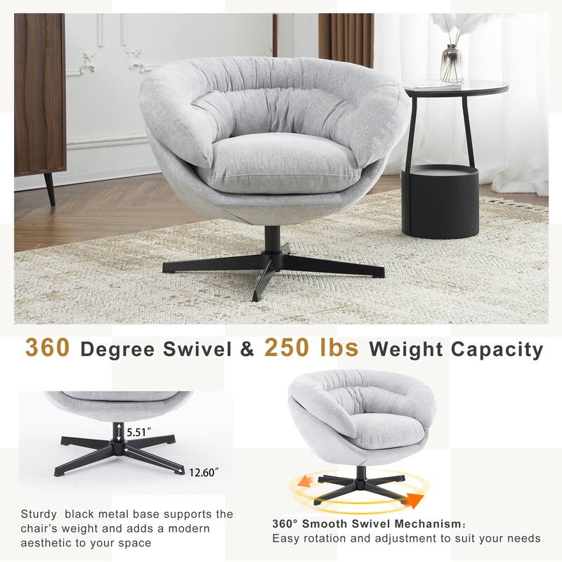 Chenille Upholstered 360° Swivel Club Chair/Accent Chair with Removable Cushion, Round Office Chair with Black Metal Base