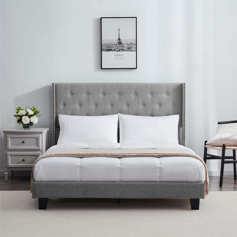 Nestl Wingback Diamond Upholstered Platform Bed - Silver - Queen