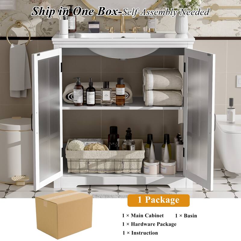 30" Bathroom Vanity with Ceramic Sink, Bathroom Vanity Cabinet with Tempered Blurred Glass and Large Storage Space