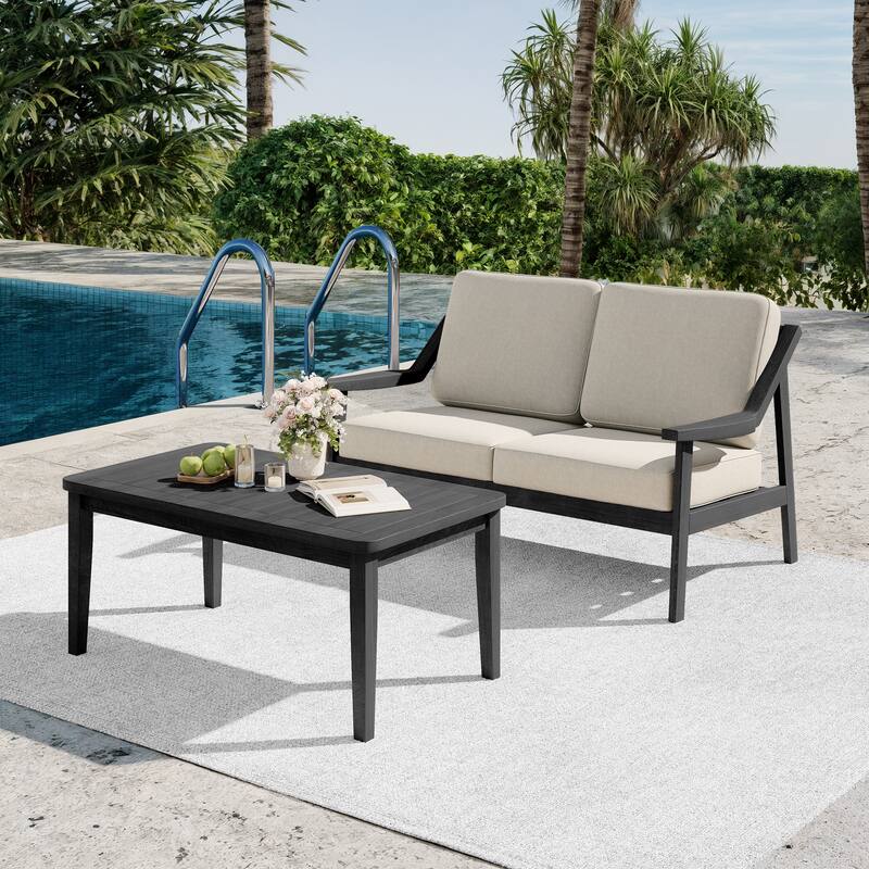 2-piece Brown/ Black Teak Cushioned Patio Loveseat Set with Coffee Table - BlackFrame-Light Camel