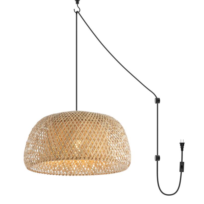 Lucas 1-Light Farmhouse Coastal 180" Cord Plug-In or Hardwired LED Pendant, by JONATHAN Y - 18" - Brown