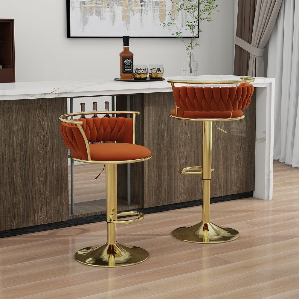 2 Set Velvet Swivel Adjustable Bar Stools with Footrest