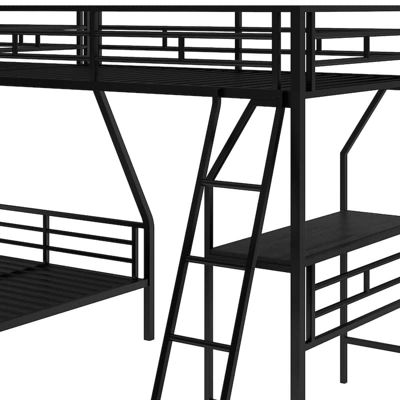 Twin Over Full Bunk Bed With A Twin Size Loft Bed Attached, With A Desk, Metal