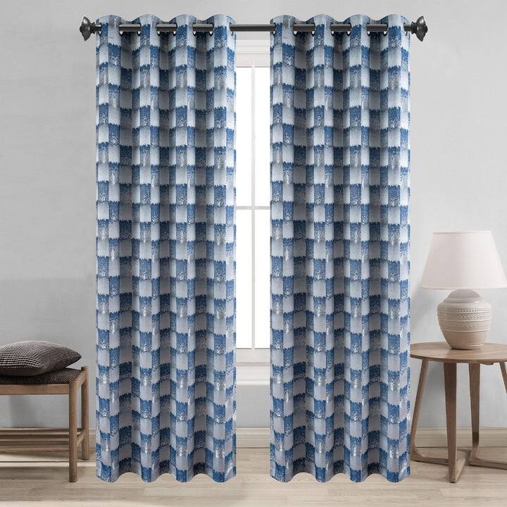 Noelle Checkered Geometric Jacquard Grommet Window Curtain Panel, 54x90 Inches - 54 x 90 Inches - Navy