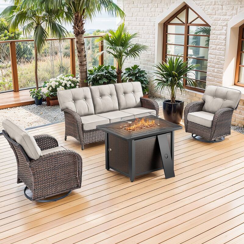 Pocassy Outdoor 43 In Fire Table with Sofa Swivel Chair Set - Brown Wicker Beige Cushion - 6-Piece Sofa Swivel Chair with Fire Pit Table