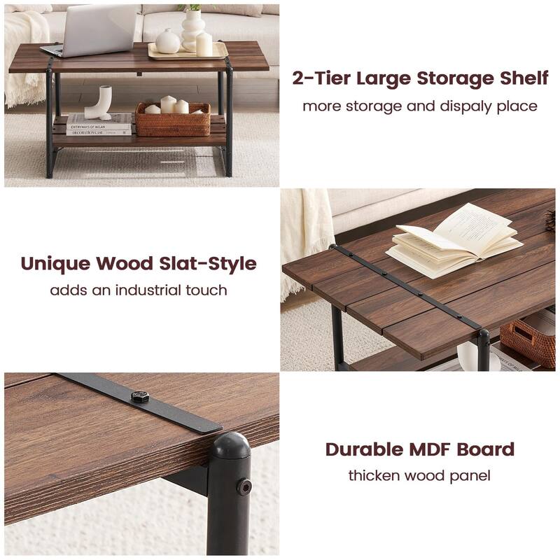 2-Tier Modern Industrial 41'' Large Wood Coffee Table with Storage Shelf
