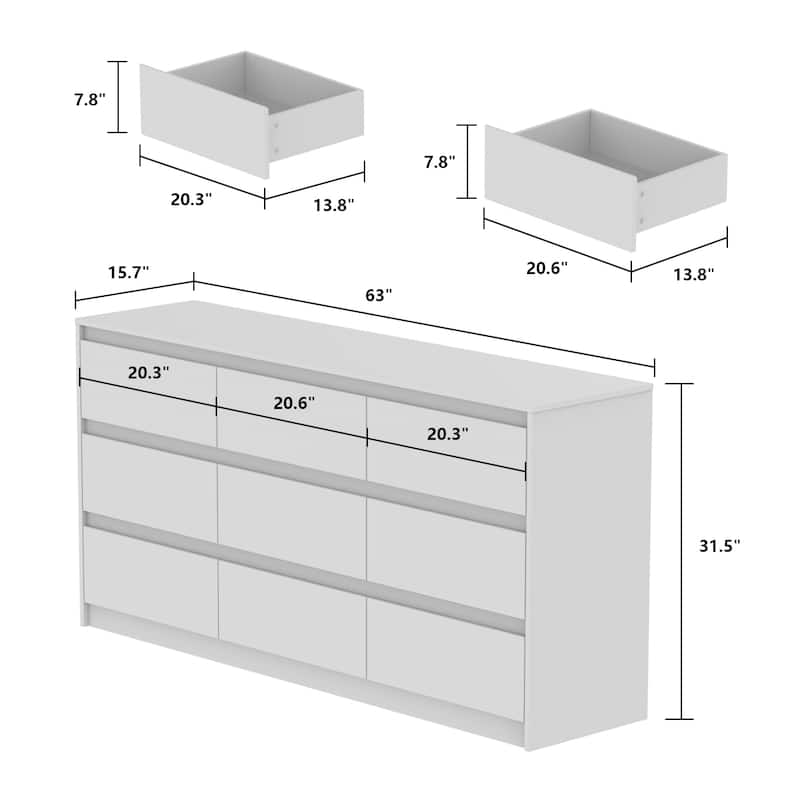63"W 9 Drawer Dresser Accent Dresser for Living Room Bedroom Chest