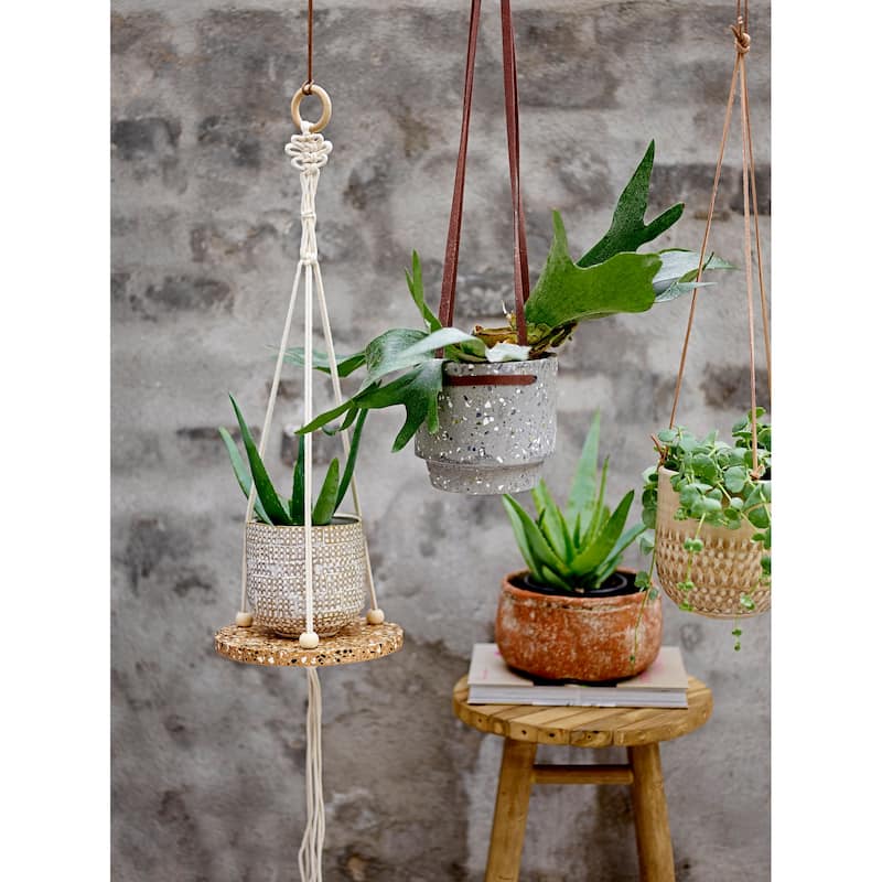 Distressed White Stoneware Planter with Woven Design
