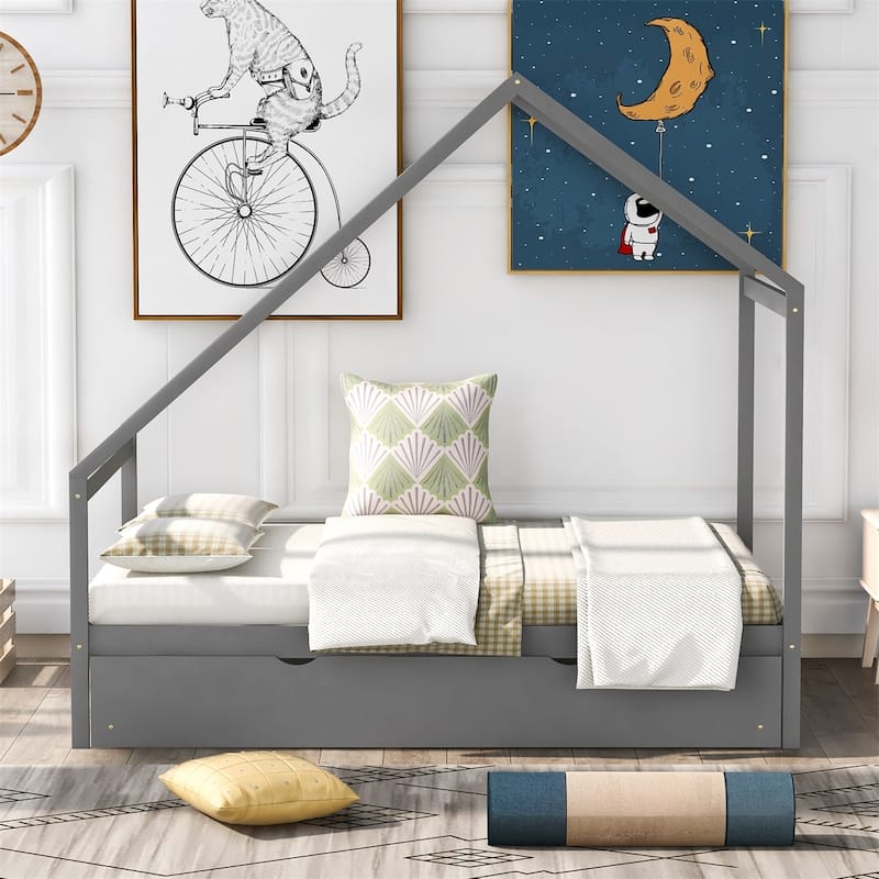 Merax Wooden House Bed With Twin Size Trundle