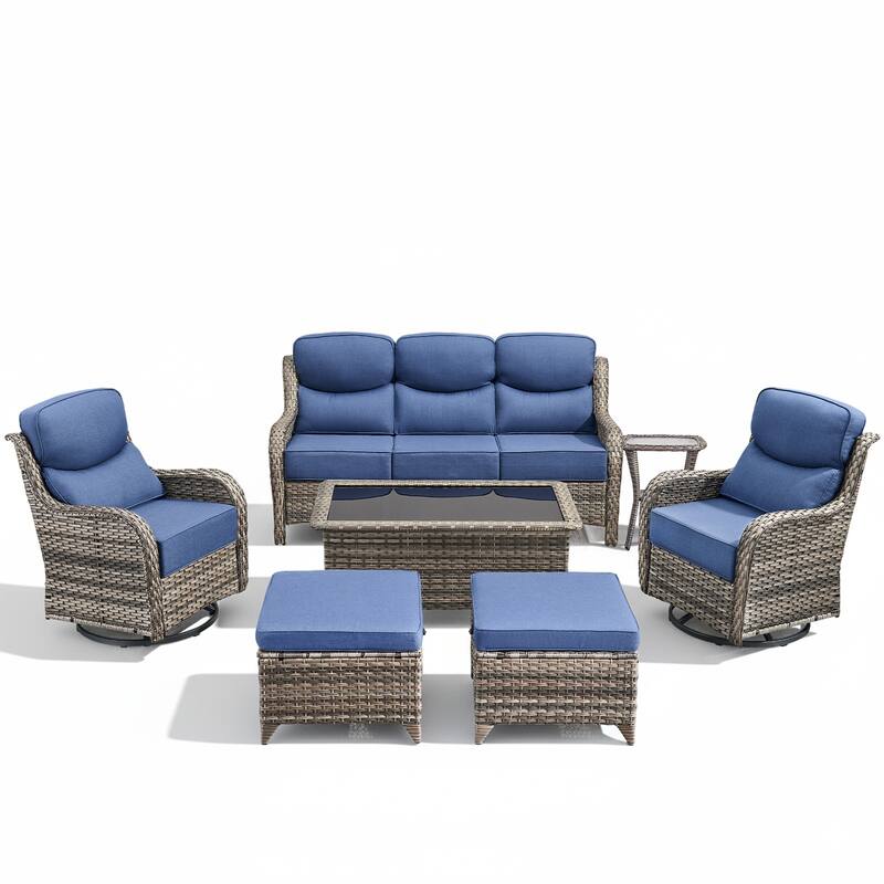 Meyreso 7-Piece Wicker Patio Conversation Set with Swivel Gliders and 6-Inch Thick Cushions