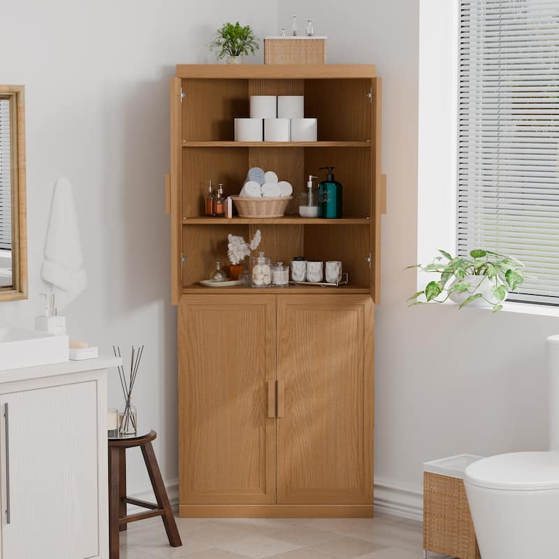 72" Corner Cabinet Free-Standing Corner Storage Organizer Sideboard - Natural Wood Color