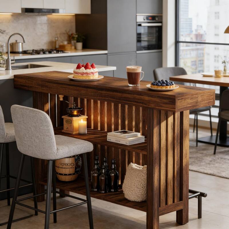 Modern Dining Table with Storage, Coffee Table with 2-Tier Shelves, Home Bar Table & Entertaining Table