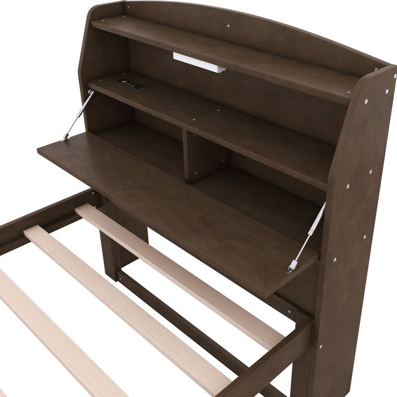 Wood Captain Bed Platform Bed with Trundle and 3 Drawers, Single Bed Frame with Storage Headboard and Integrated LED Light