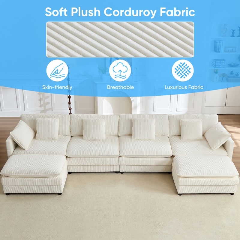 Mixoy 148''Oversized Modular Sectional Sofa, U-Shaped 6-Seater Corduroy Upholstered Deep Seat Sofa with 2 Movable Ottomans - 4+2