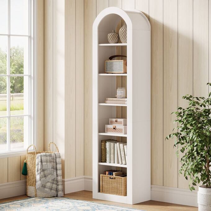 74.8-Inch Arched Tall Bookshelf, 6-Tier Rustic Wooden Bookcase - 1PC - White