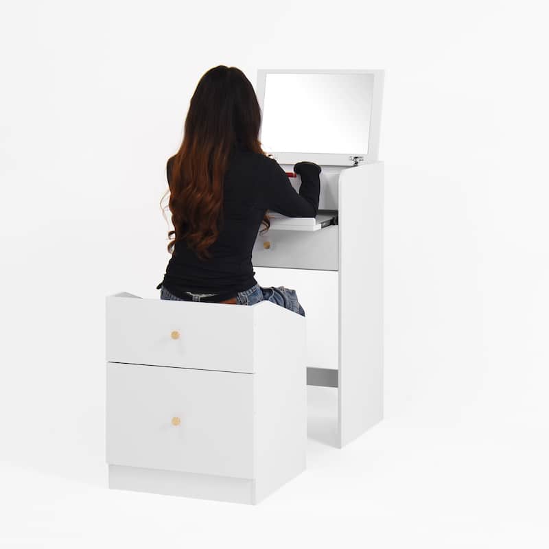 Anmytek Multifunctional Storage Unit White Vanity Desk with Mirror,Chair, Drawers for Small Spaces