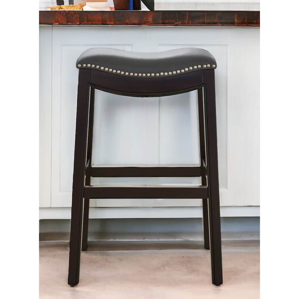 HomeRoots 31" Gray and Espresso Faux Leather and Solid Wood Backless Bar Height Bar Chair