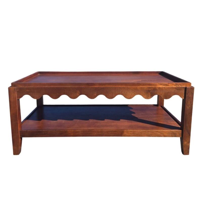 Carolina Chair & Table Scallop Coffee Table - Rectangular Mango Wood Side Table - Decorative Edge and Lower Shelf
