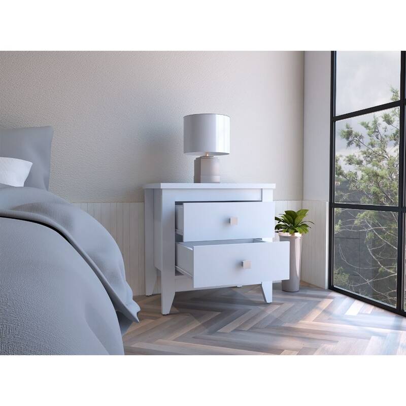 Modern Two-Shelf Nightstand with Drawers and Wooden Legs, White