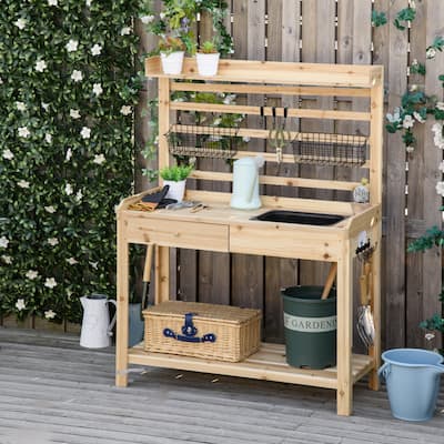 Outdoor Garden Work Table with Removable Sink, Metal Screen, and Ample Storage, Wood Potting Bench Table