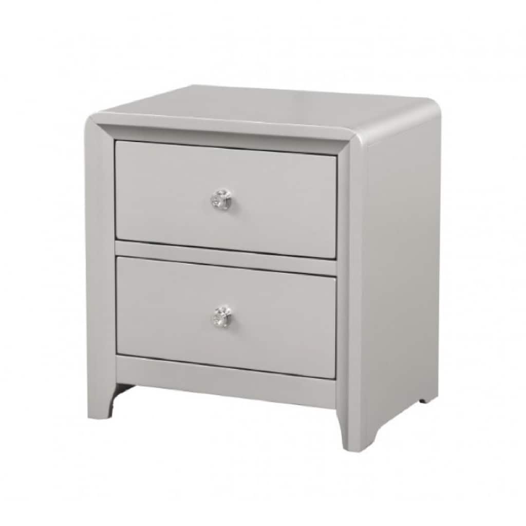 Broy Nightstand, 2 Drawers, Crystal Knobs, Champagne Gray Wood 25 Inch