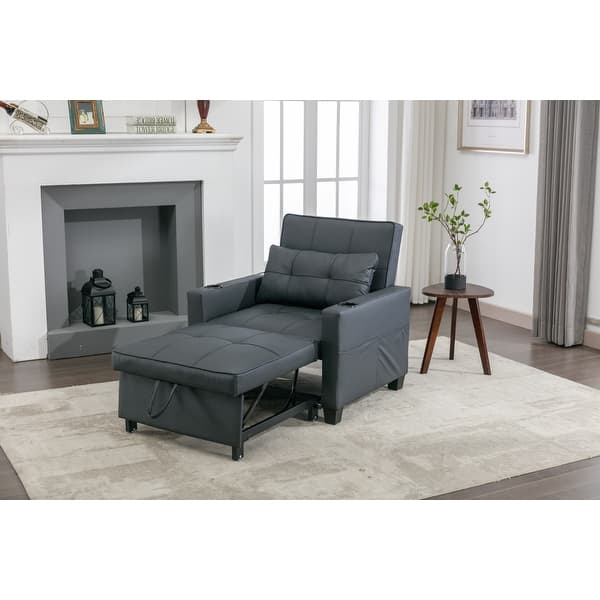 Light Gray Leather Chaise Lounges Pullout Chair Bed w/ USB Ports Bed