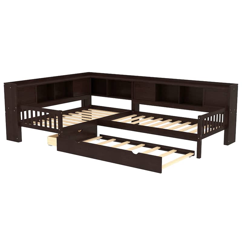 L-shaped Bunk Platform Bed Twin Size Solid Wood Storage Bedframe with Trundle, Drawer and Open Shelves for Boys, Girls, Kids