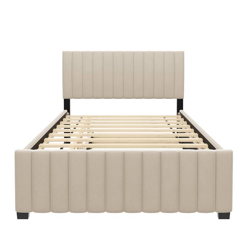 Full Size Bed Frame with Pull Out Twin Trundle Bed, Low Profile Velvet Upholstered Bed Platform Bed with Striped Headboard