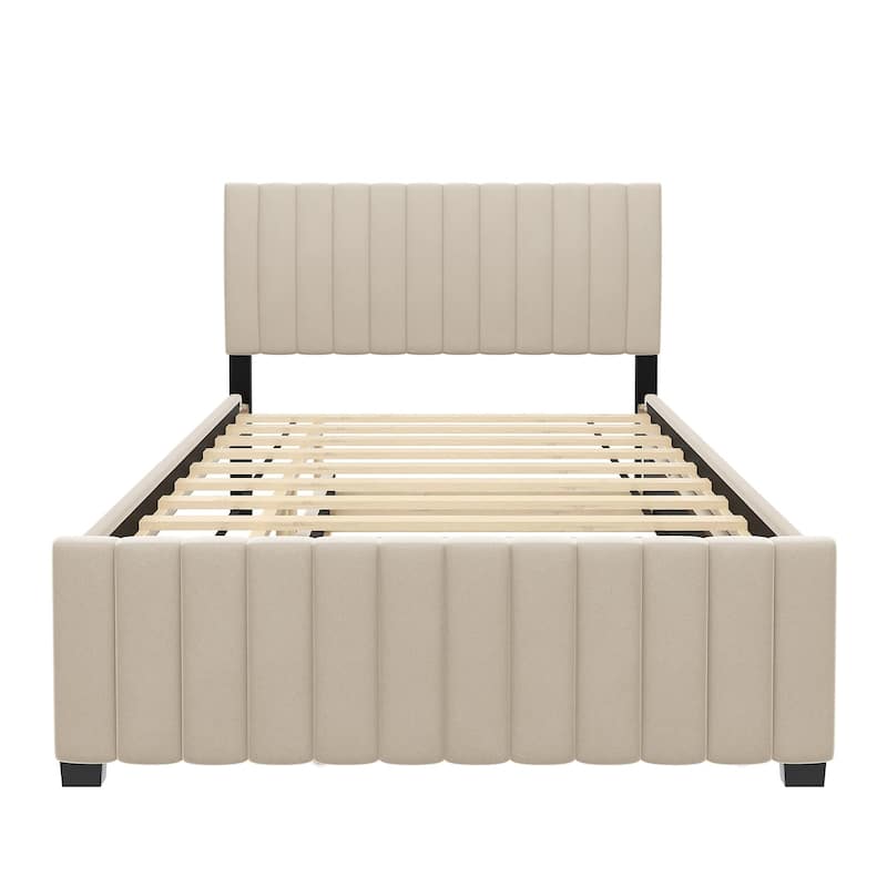 Full Size Velvet Upholstered Platform Bed with Twin Trundle, Beige