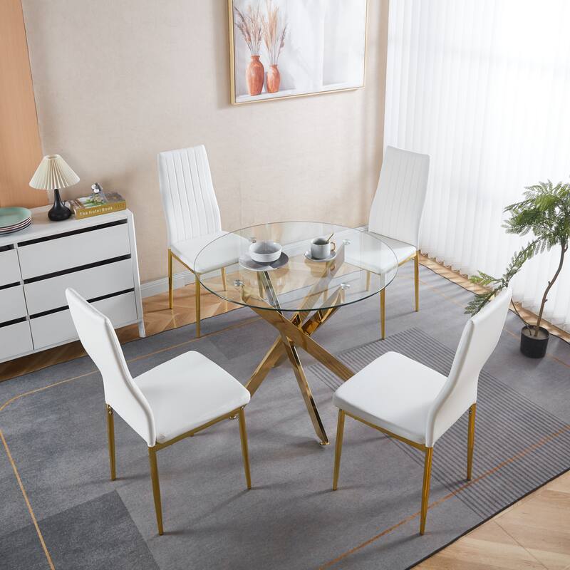 5 Pieces Dining Set, Table Metal Leg Mid-Century Dining Table and Chair - Beige