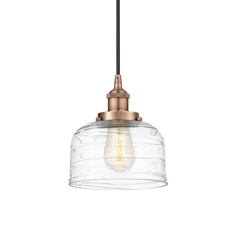 Innovations Lighting 616-1PH-10-8 Bell Pendant Bell 8" Wide Mini - Antique Copper / Clear Deco Swirl