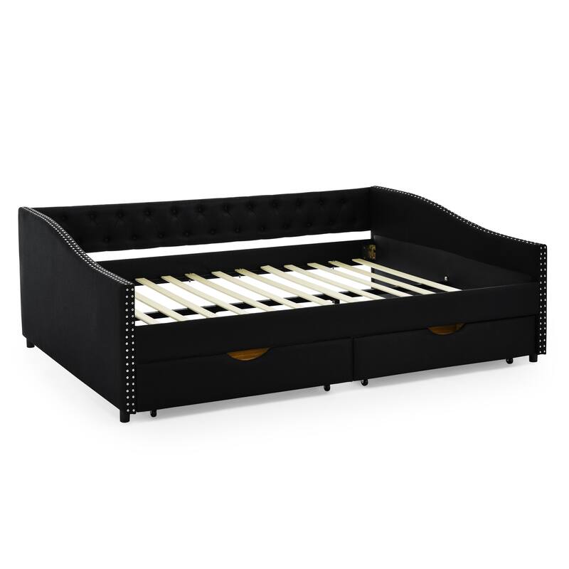 Roomfitters Twin/Full/Queen Upholstered Daybed with Tufted Backrest, Nailhead Trim and Underbed Storage Trundle