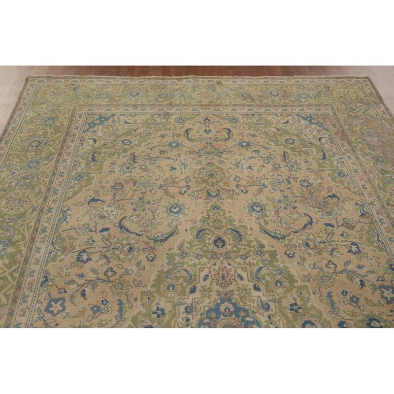 Hand Knotted Oriental 100% Wool Carpet Traditional Floral Peach Kashan Area Rug - 9' 8'' X 6' 6''
