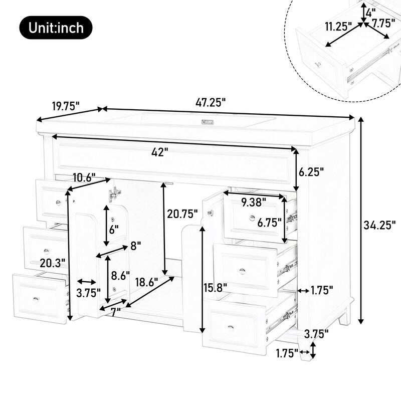 48" Bathroom Vanity with Resin Sink, 6 Soft-Close Drawers, Double Doors and Solid Pine Legs, Freestanding Cabinet