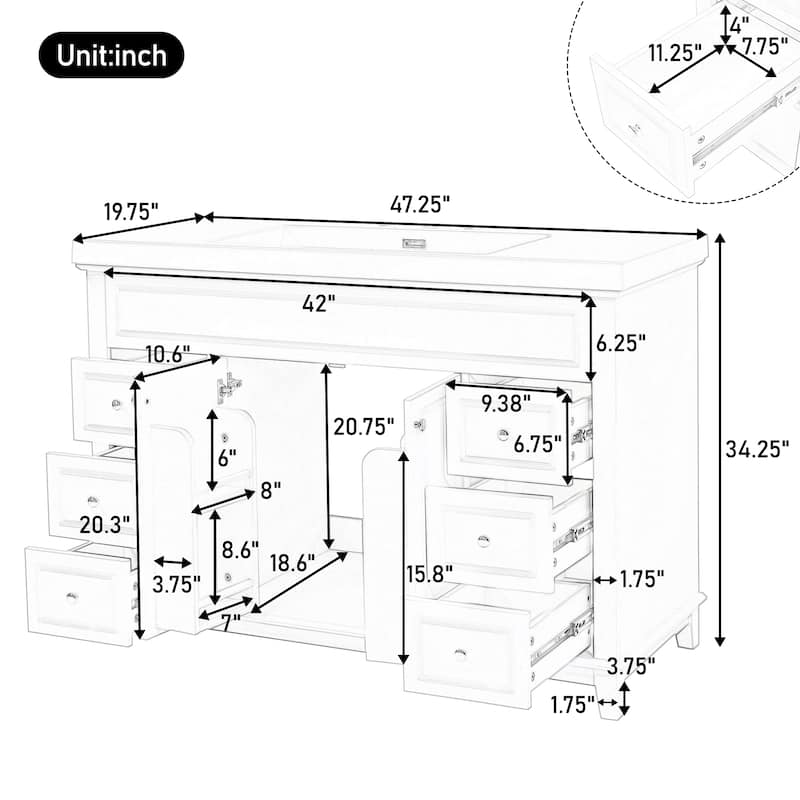 Roomfitters 48" Bathroom Vanity with Integrated Resin Sink, 6 Soft-Close Drawers and Double Doors with 2-Tier Shelving, White