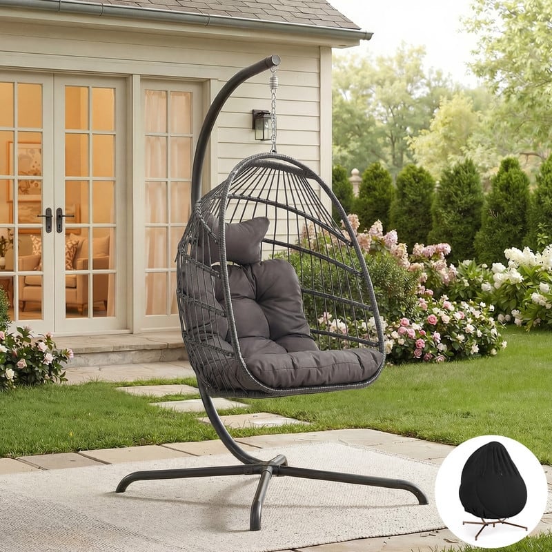 Oversized Wicker Hanging Egg Chair with Stand, Outdoor Indoor Swing Chair with Cushion, 350 lb Capacity - Dark Grey/Cover